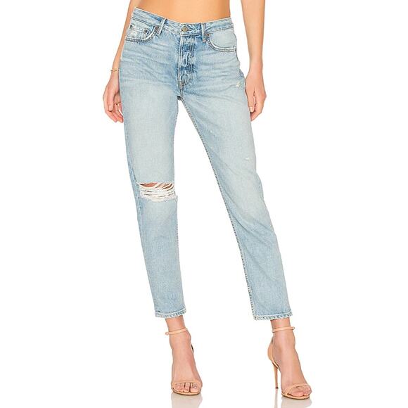 Grlfrnd Kiara Tomboy Jeans Light Wash Blue Tripped Up Distressed Ripped Size 30 - Picture 1 of 13